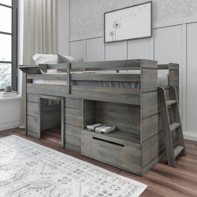 Wooden loft bed with built-in storage and ladder in modern bedroom setting.