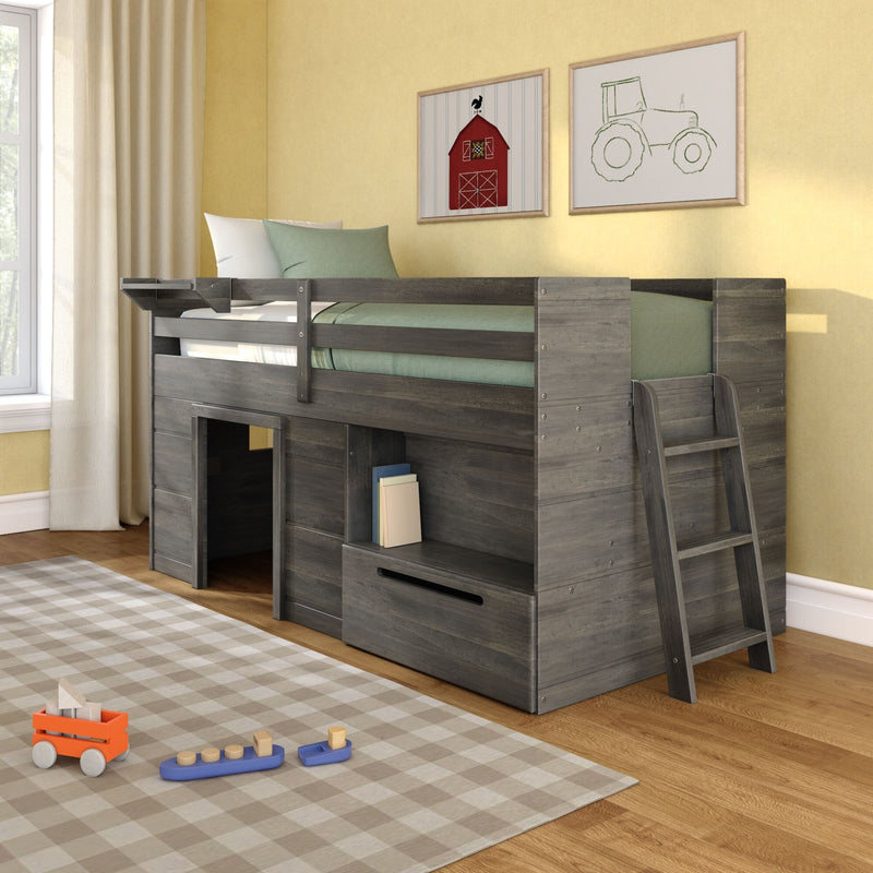 Gray wooden loft bed with ladder and built-in storage in a children's bedroom, featuring green bedding, beige curtains, yellow walls with red barn and tractor wall art, plaid rug, hardwood floor and wooden toys