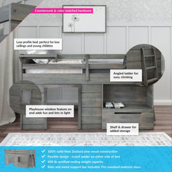 190020-185 : Loft Beds K/D Low Loft Bed w/ 1 drawer 7 slats w/ metal support bar, Driftwood