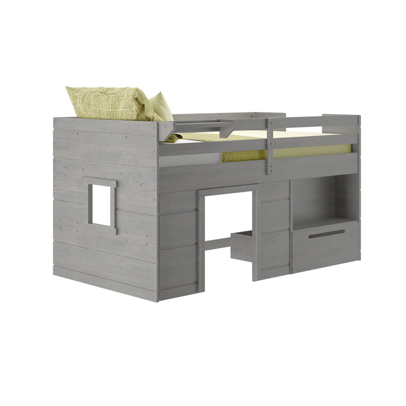 Gray wooden loft bed with storage drawers and a yellow pillow on top.