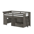 Gray wooden loft bed with guardrails, angled ladder and built-in storage drawers for kids' bedroom
