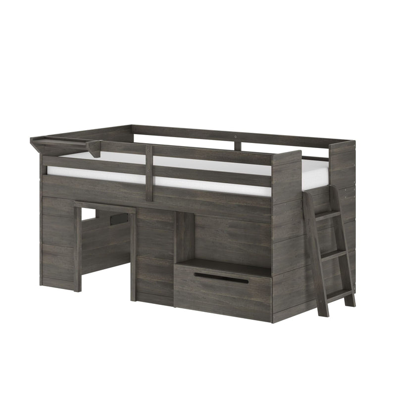 Gray wooden loft bed with guardrails, angled ladder and built-in storage drawers for kids' bedroom