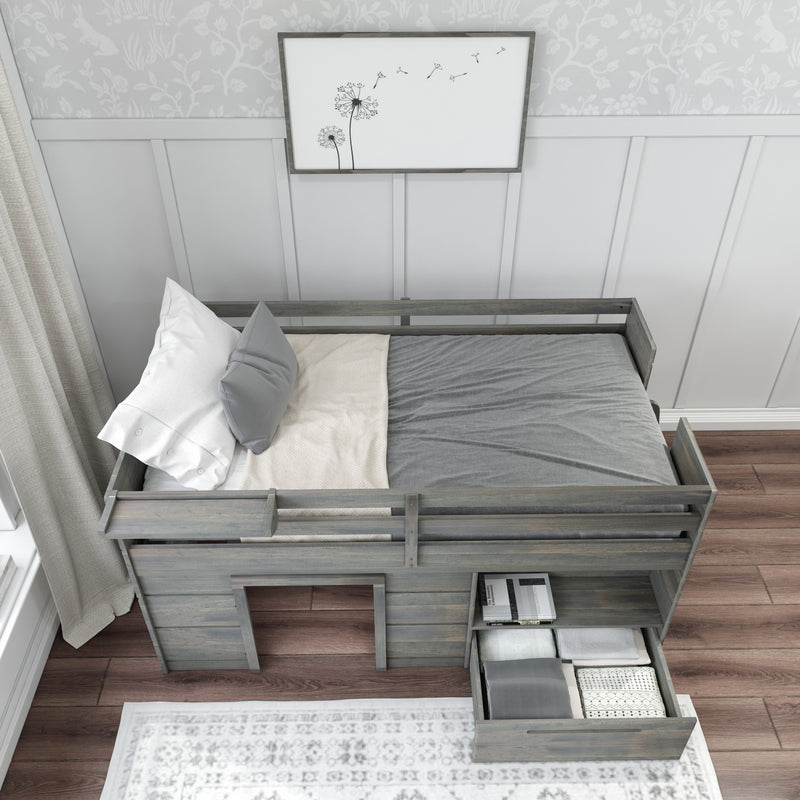 Small gray wooden loft bed with under-bed storage cabinets and a pillow in a stylish modern bedroom.