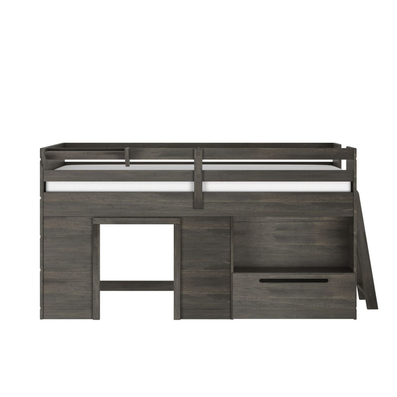 Gray wooden loft bed with safety guardrail, built-in ladder and cubby storage — modern kids bunk bed