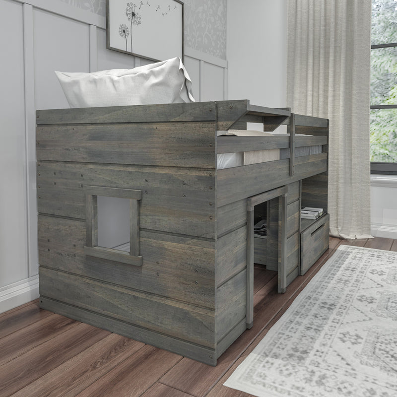 Rustic wooden loft bed with built-in storage and play space for kids in modern bedroom setting.