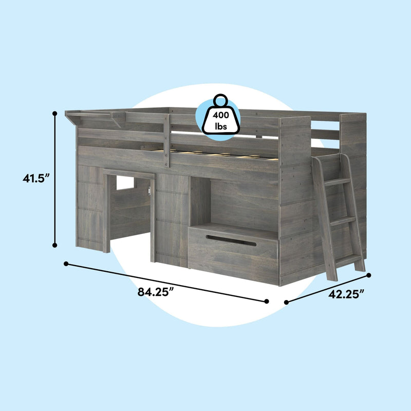 Gray wooden kids loft bed with ladder, guardrails and built-in storage and playhouse-style desk underneath, 84.25 x 42.25 x 41.5 inches, 400 lb weight capacity