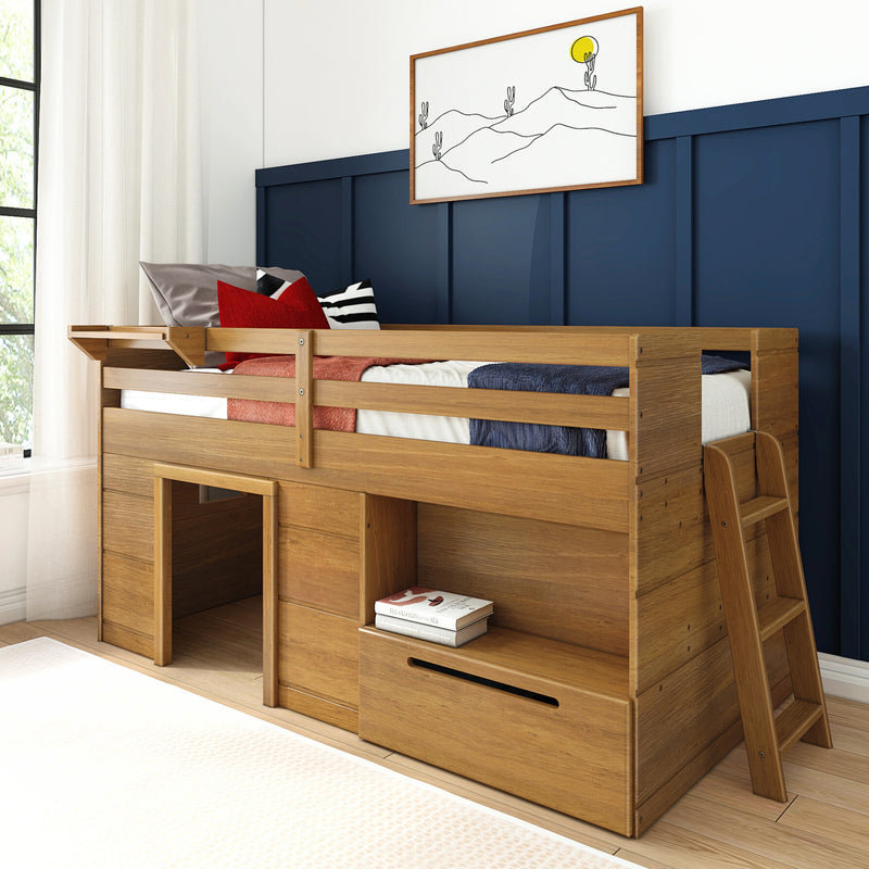 Wooden loft bed with built-in storage and ladder in a modern bedroom with navy accent wall.