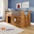 Wooden loft bed with ladder and storage in children's bedroom, blue bedding, checkered play rug, wooden toys, and farm-themed wall art