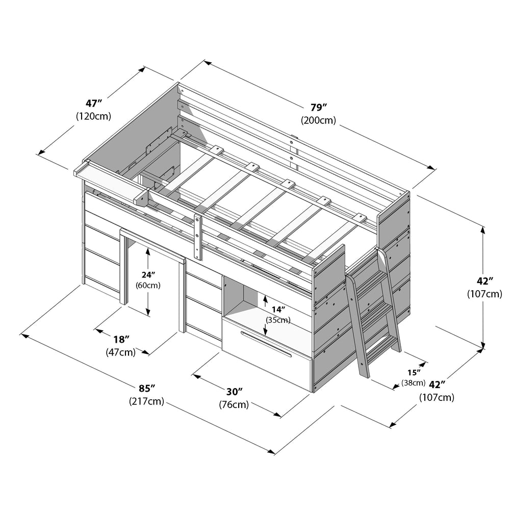 Loft bed design with precise dimensions and integrated storage solutions.