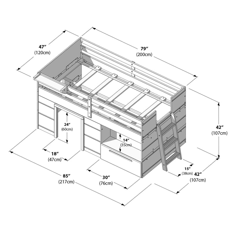 Loft bed design with precise dimensions and integrated storage solutions.