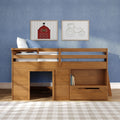 Wooden loft bed with blue bedding and pillows under farmhouse wall art of a red barn and tractor, plaid rug and storage cubbies
