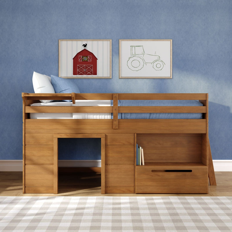 Wooden loft bed with blue bedding and pillows under farmhouse wall art of a red barn and tractor, plaid rug and storage cubbies