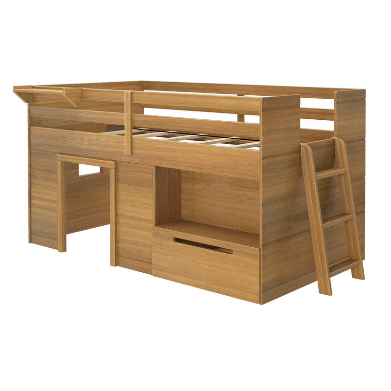 Wooden loft bed with integrated desk and storage drawers, featuring a side ladder for easy access.