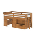 Solid wood twin loft bed with safety rail, built-in ladder, under-bed desk and storage drawer in warm oak finish