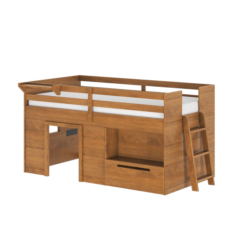 Solid wood twin loft bed with safety rail, built-in ladder, under-bed desk and storage drawer in warm oak finish