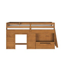 Solid wood loft bed with guardrails, ladder opening and built-in drawers and shelves — space-saving kids' bedroom storage and furniture