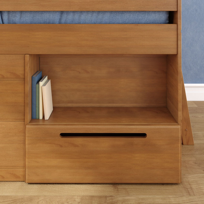 Natural wood bunk bed with built-in bookshelf and pull-out drawer holding blue and cream books, minimalist bedroom storage