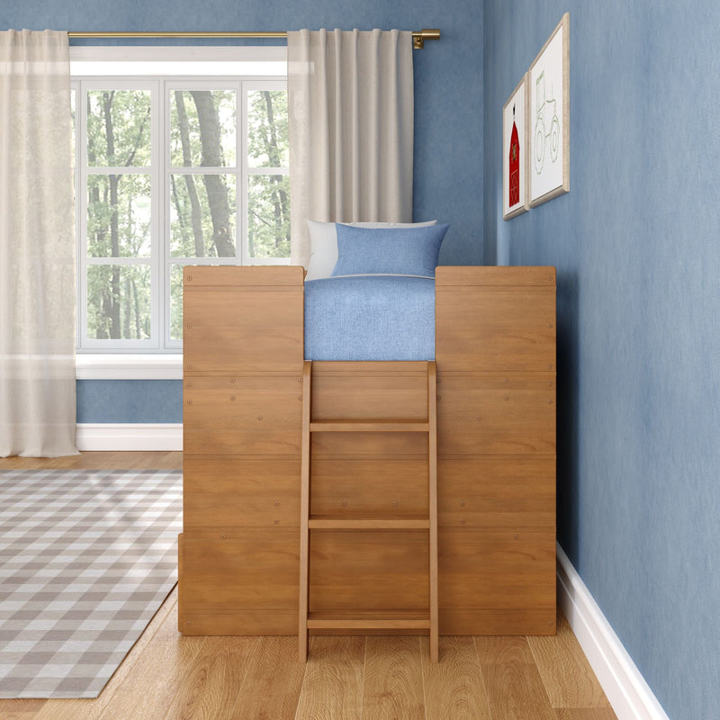 Wooden loft bed with ladder in blue children's bedroom, blue bedding, large window with sheer curtains and framed wall art