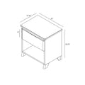 Line drawing dimensions diagram of a modern mid-century one-drawer nightstand with open shelf and angled legs — 22 in W x 15.75 in D x 23.75 in H with 8 in drawer height