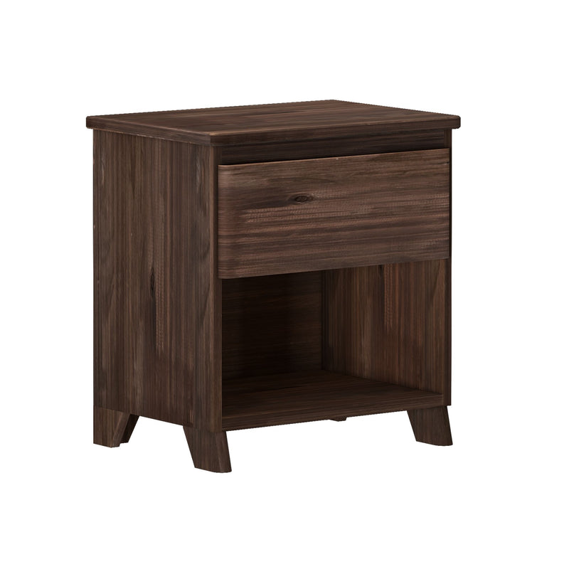 Dark wood finish bedside table with drawer and open shelf storage.