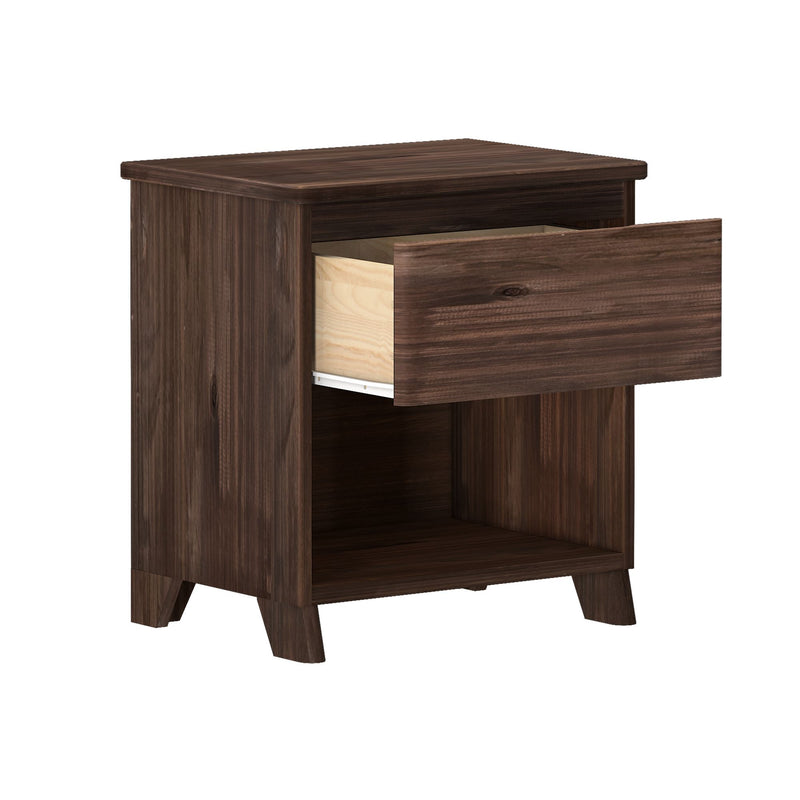 Wooden nightstand with open drawer showcasing brown finish and sturdy legs.