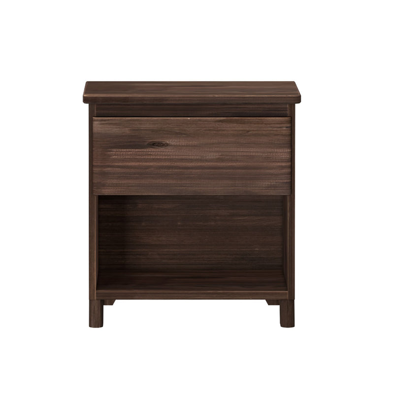 Dark wooden nightstand with single drawer and open shelf, ideal for bedroom storage and end table use.