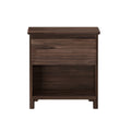Dark walnut wooden nightstand with single drawer and open shelf, modern bedside table for bedroom