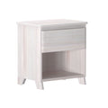 Whitewashed wooden nightstand with one drawer and open shelf, modern bedside table for bedroom storage
