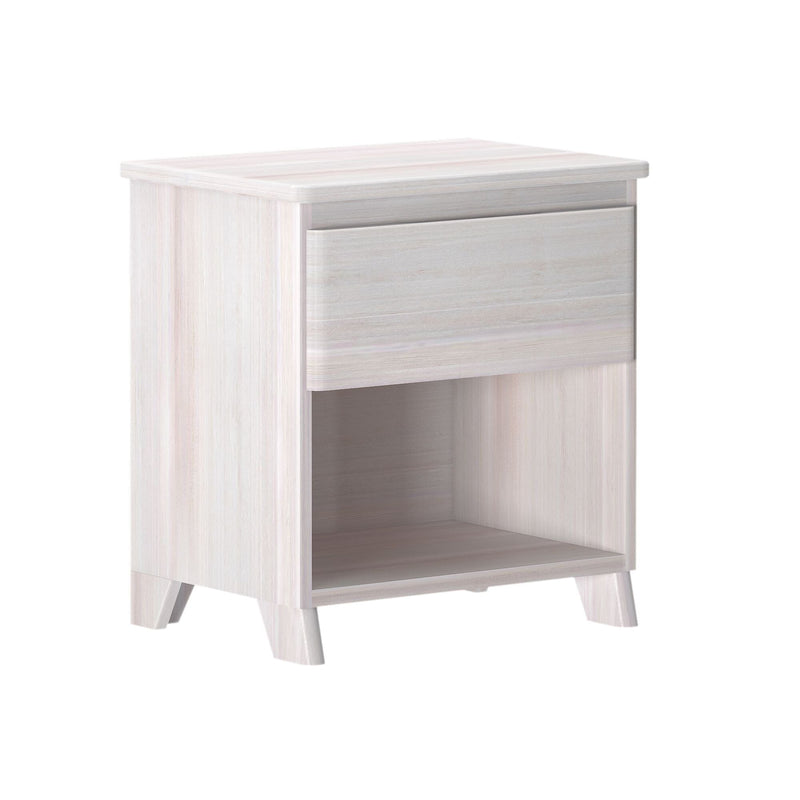 Whitewashed wooden nightstand with one drawer and open shelf, modern bedside table for bedroom storage