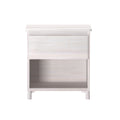 Whitewashed wood nightstand bedside table with single drawer and open shelf, modern Scandinavian bedroom storage