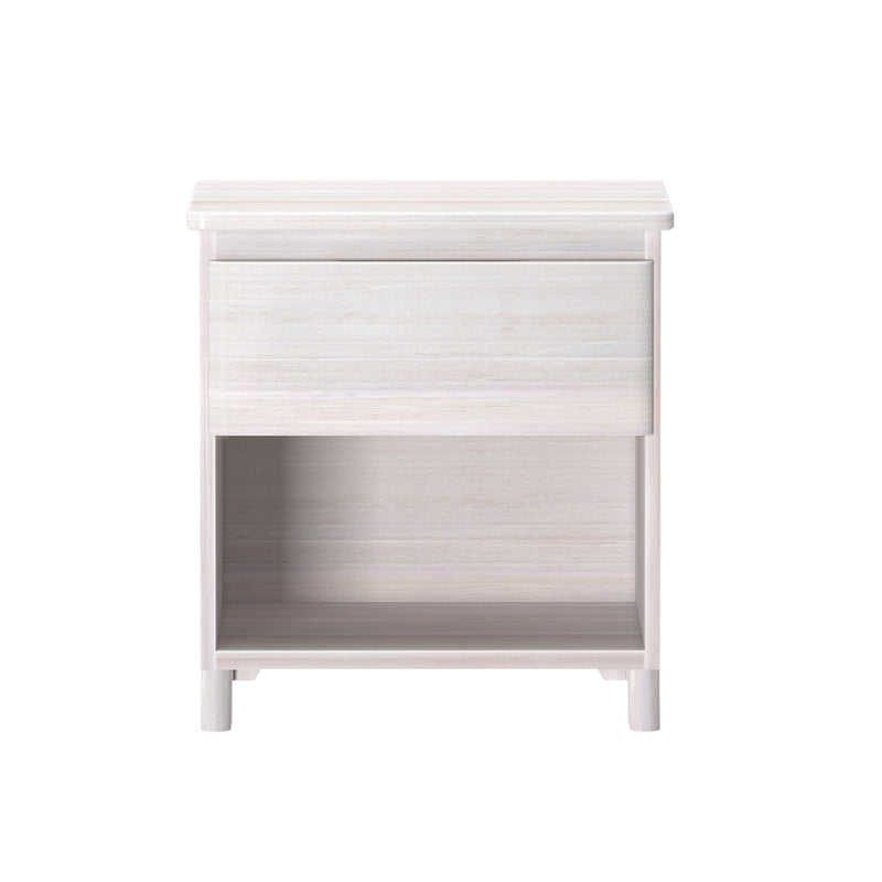 Whitewashed wood nightstand bedside table with single drawer and open shelf, modern Scandinavian bedroom storage
