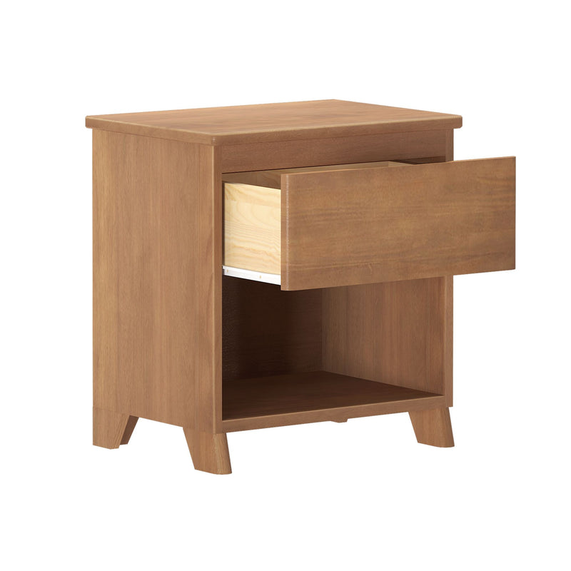 Mid-century modern wooden nightstand bedside table with one open drawer, lower shelf, and tapered legs in light oak finish