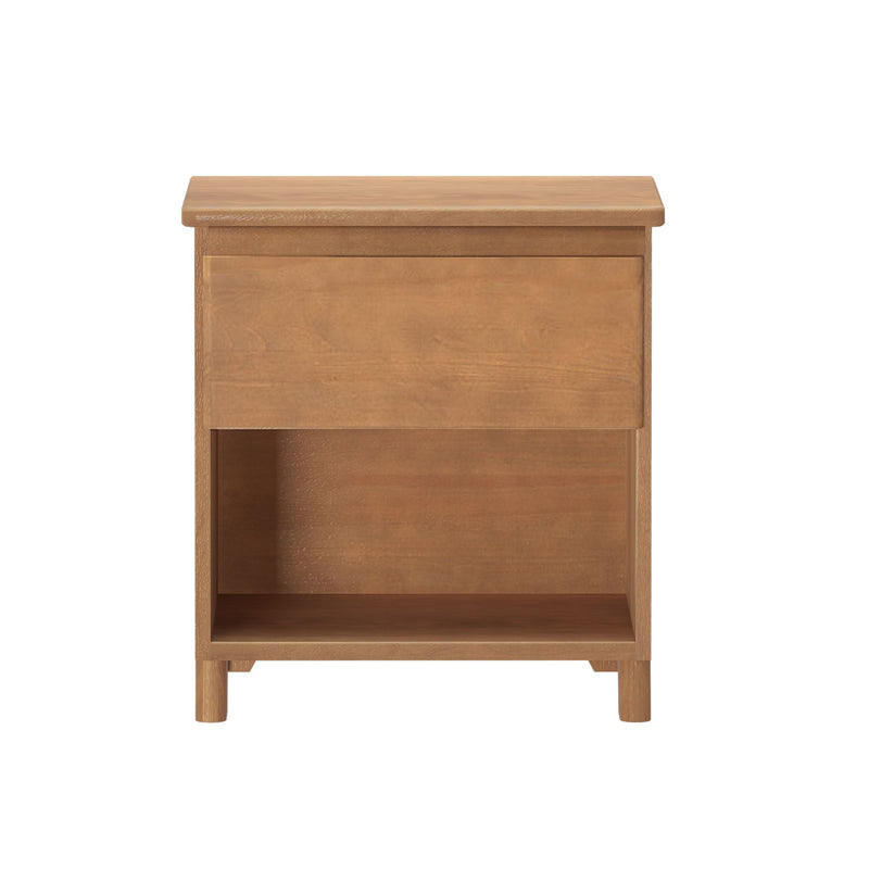 Light oak wooden nightstand with one drawer and open shelf, compact bedside table for bedroom storage