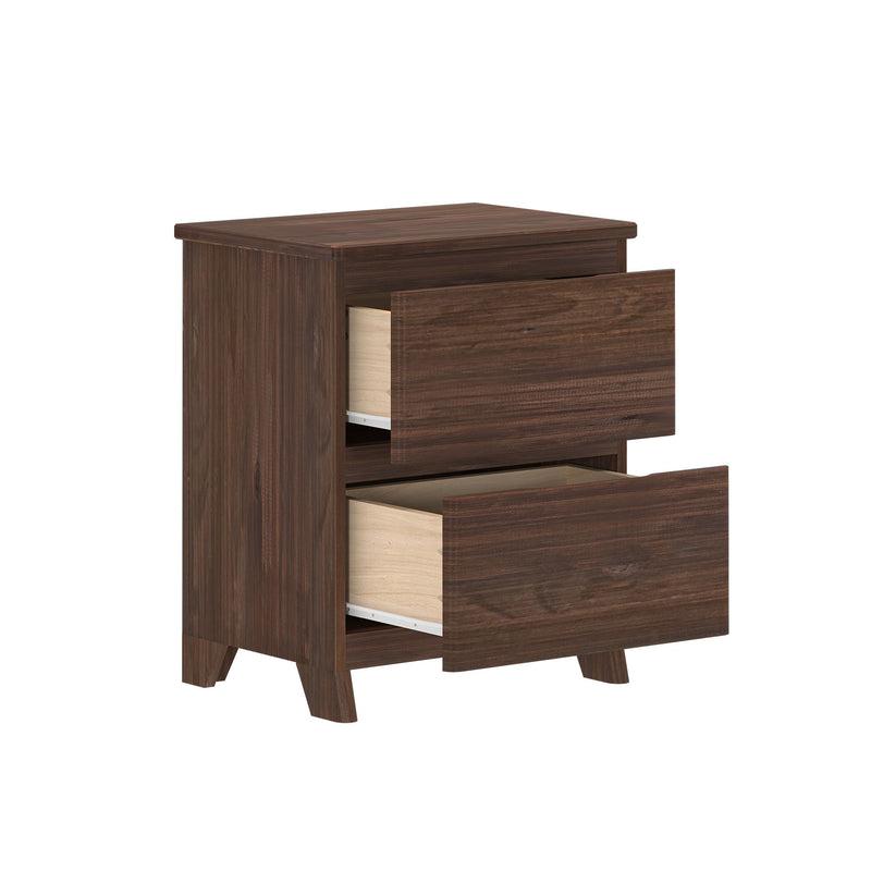 Wooden two-drawer nightstand with open drawers showcasing storage space for bedroom organization.