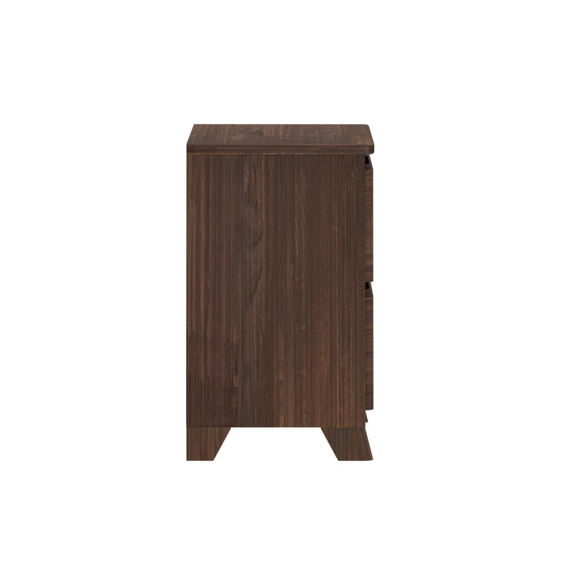Brown wooden side table with two drawers, ideal for modern home or office decor.