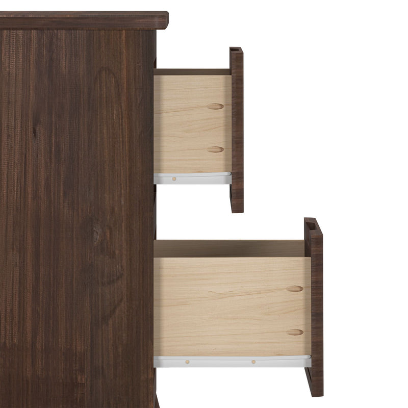 Wooden chest of drawers with open compartments in a dark brown finish.