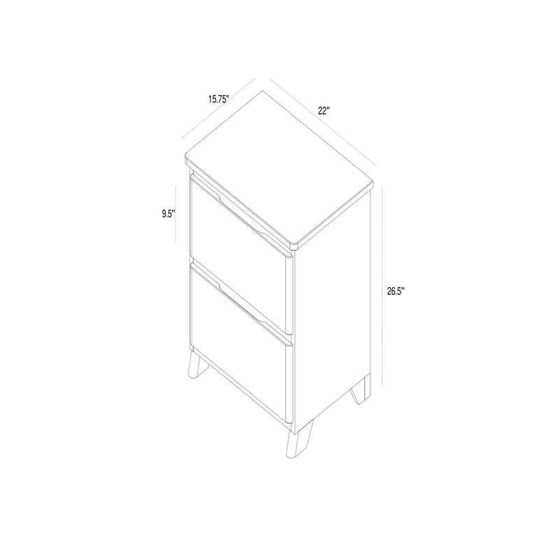 Line drawing of a two-drawer nightstand with dimensions 15.75 inches by 22 inches by 26.5 inches, modern furniture piece.