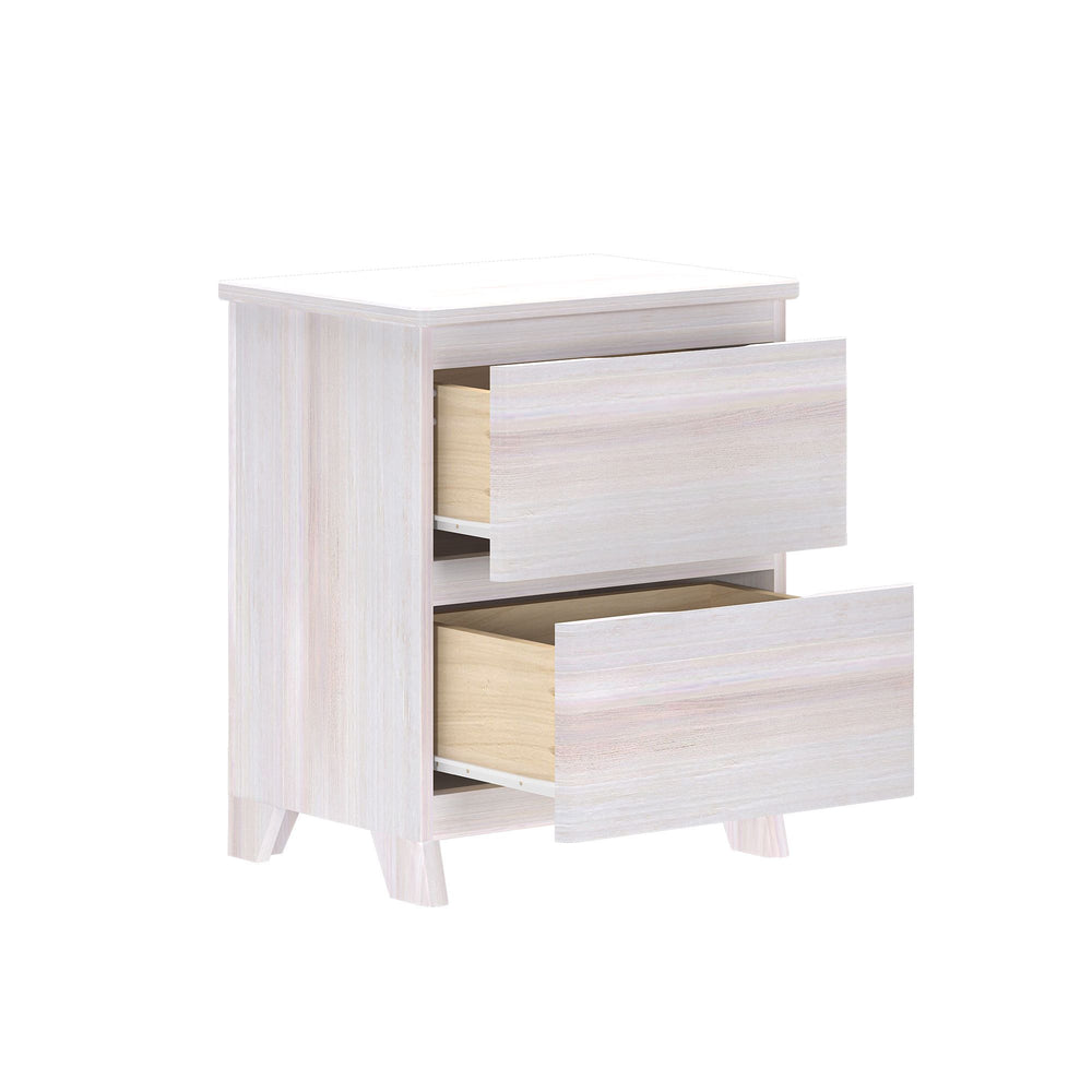 White wooden two-drawer nightstand with open drawers for bedroom storage.