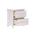 Whitewashed wood two-drawer nightstand bedside table with partially open drawers, tapered legs, modern minimalist design and light-wood storage