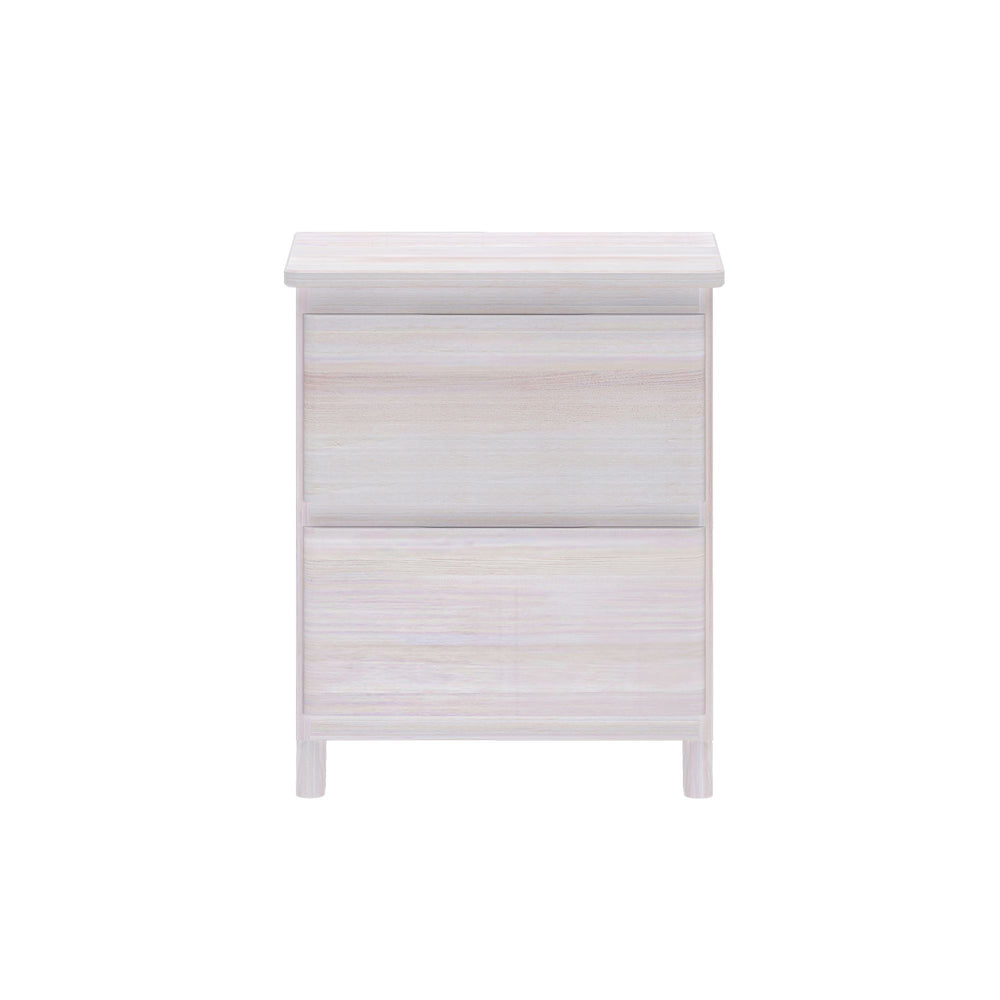 Modern wooden bedside table with two drawers in light finish.