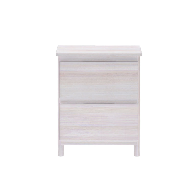 Minimalist whitewashed wooden nightstand with two drawers, modern light wood bedside table for bedroom storage