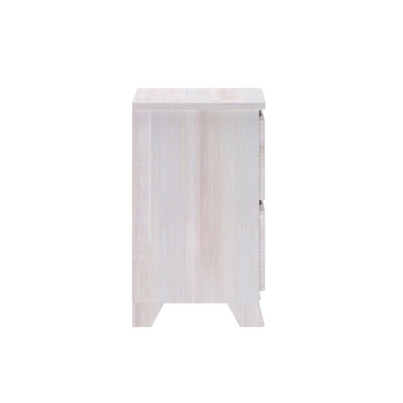 Side view of whitewashed wood nightstand bedside table with drawers, modern farmhouse bedroom storage cabinet on short legs