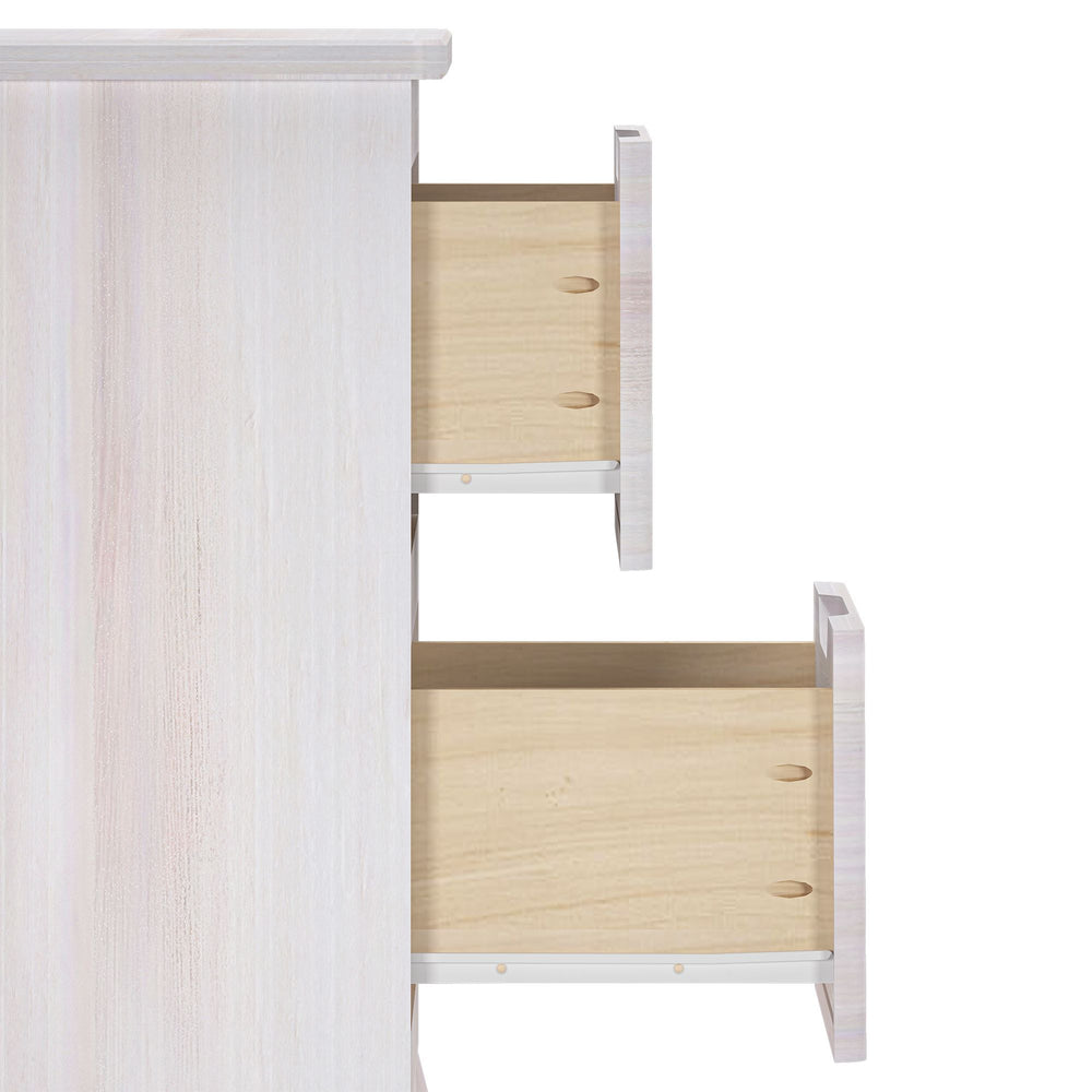 Lightwood dresser side view with two open drawers, modern furniture design.