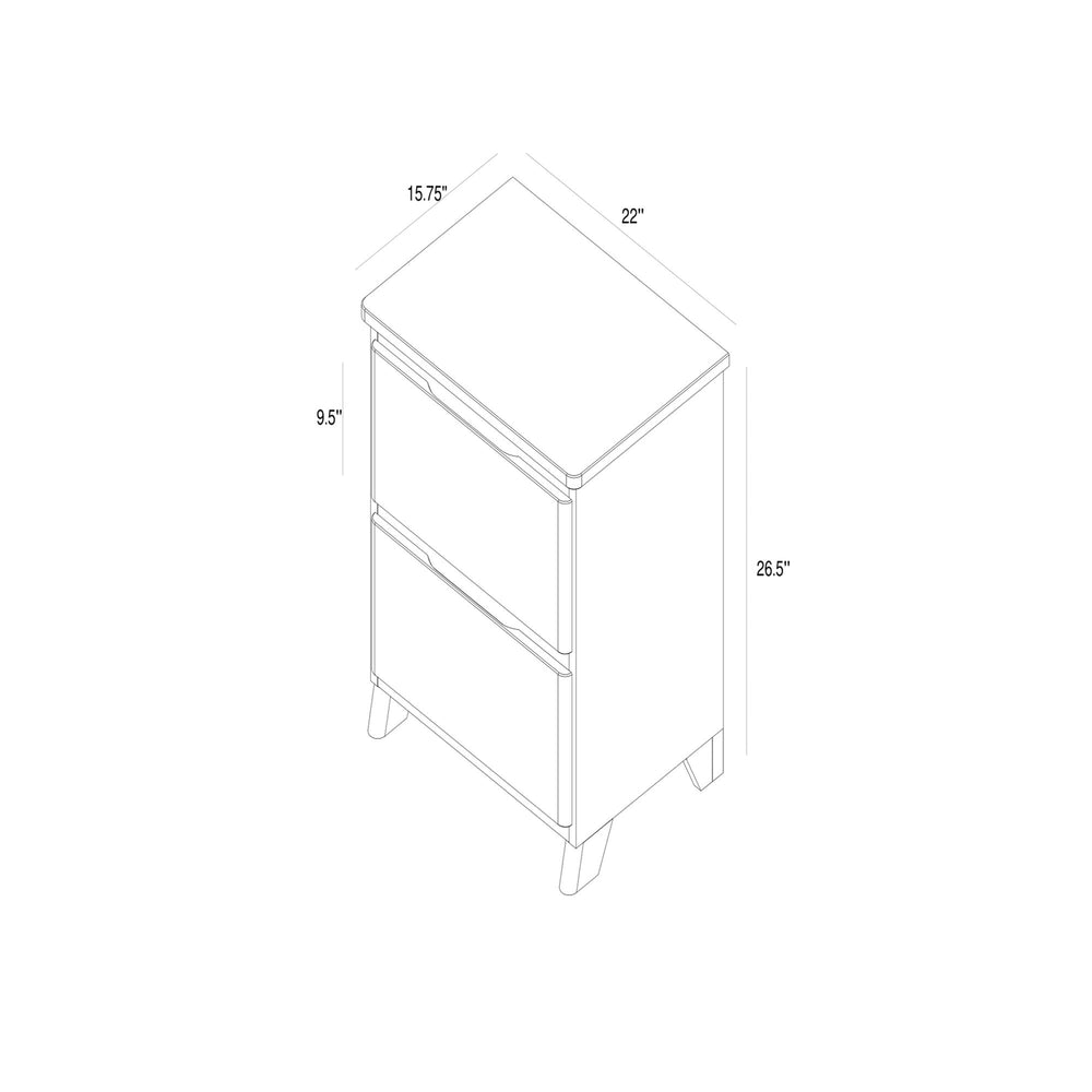 Modern white wooden nightstand with two drawers, dimensions 22 by 15.75 by 26.5 inches