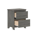 Modern grey two-drawer bedside nightstand with rustic wood grain finish, angled legs, and compact bedroom storage
