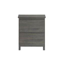 Gray wood two-drawer bedside nightstand with modern design.
