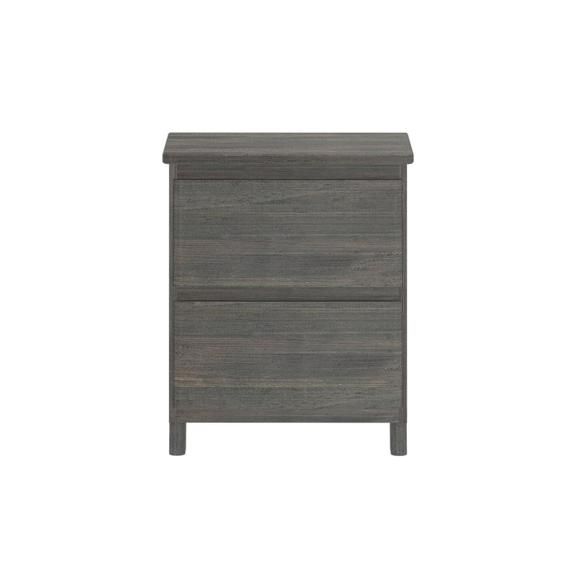 Gray wood two-drawer bedside nightstand with modern design.