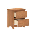 Two-drawer wooden nightstand in light oak finish with partially open drawers, mid-century modern bedside table for bedroom storage