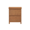 Compact two-drawer wooden nightstand in warm oak finish, modern bedside storage table with clean lines and short legs