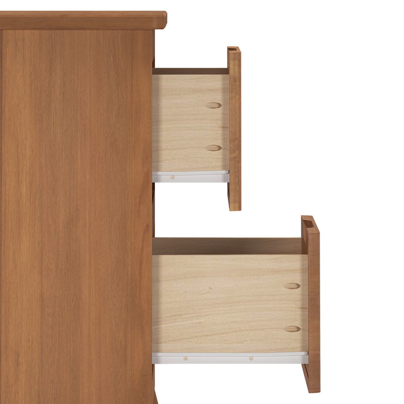 Side view of oak wooden dresser with two open drawers, light wood interiors and metal drawer slides — bedroom storage furniture